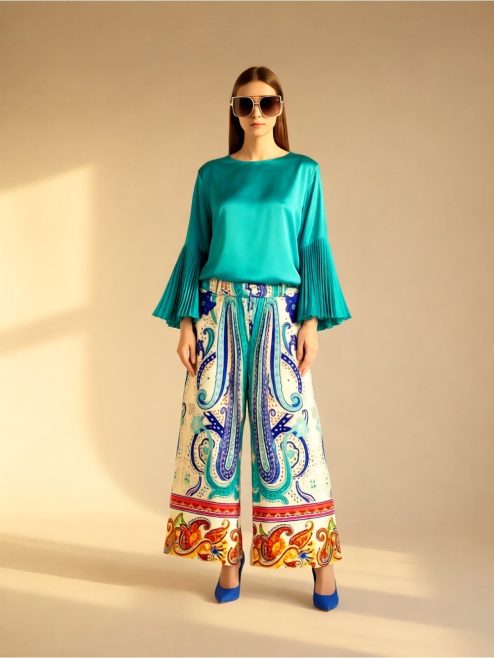 Multicolor Paisley Wide-Leg Pants